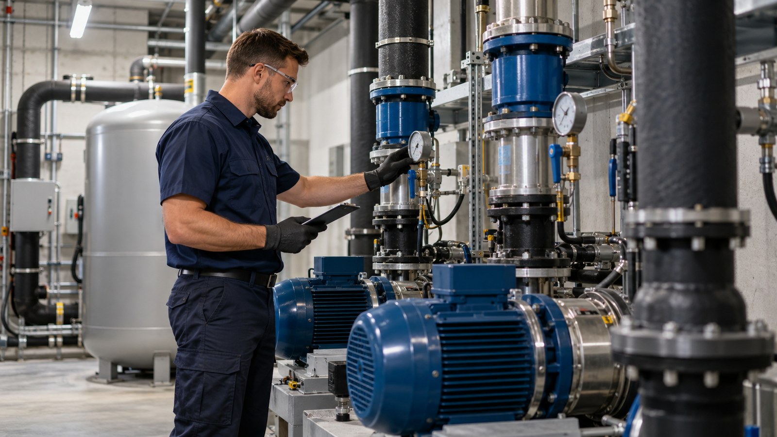 Technician inspecting pumps and pipework in a building plant room
