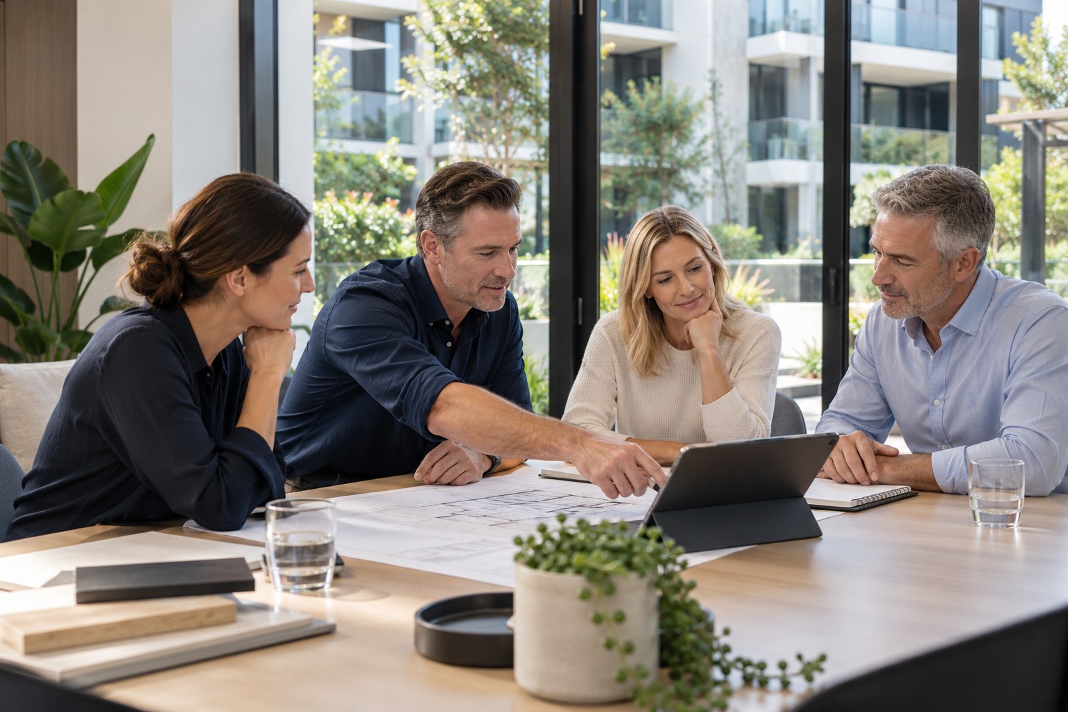 People reviewing property plans together in a meeting