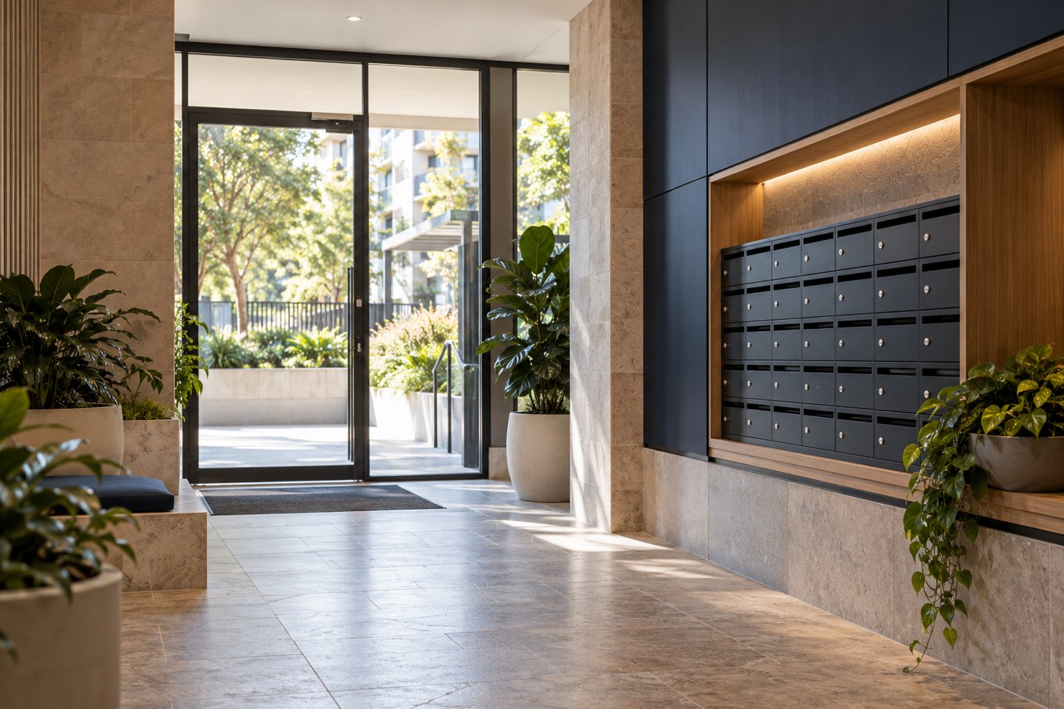 Apartment entrance with mailboxes and planting