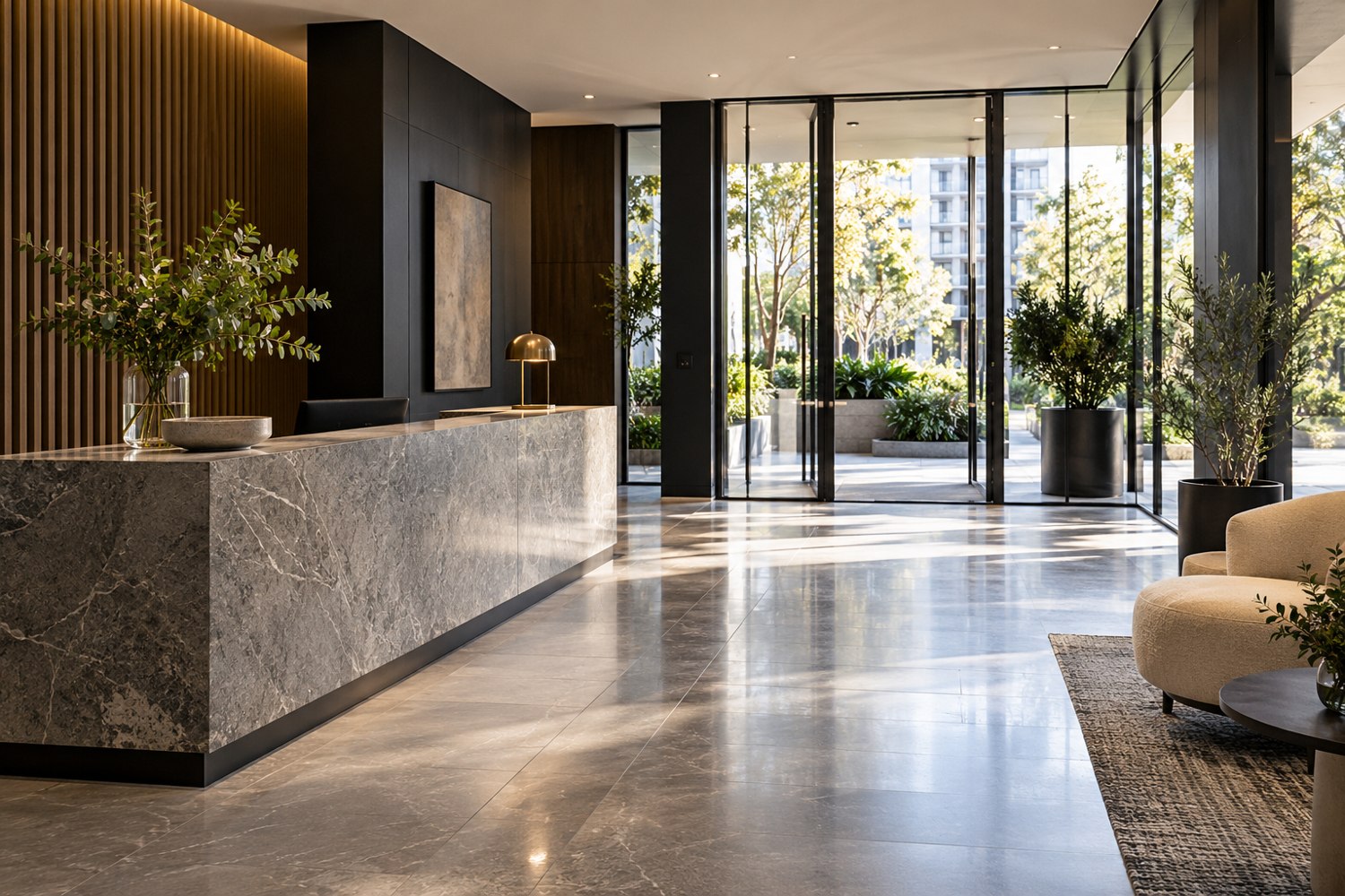 Contemporary residential foyer with glass entry and seating