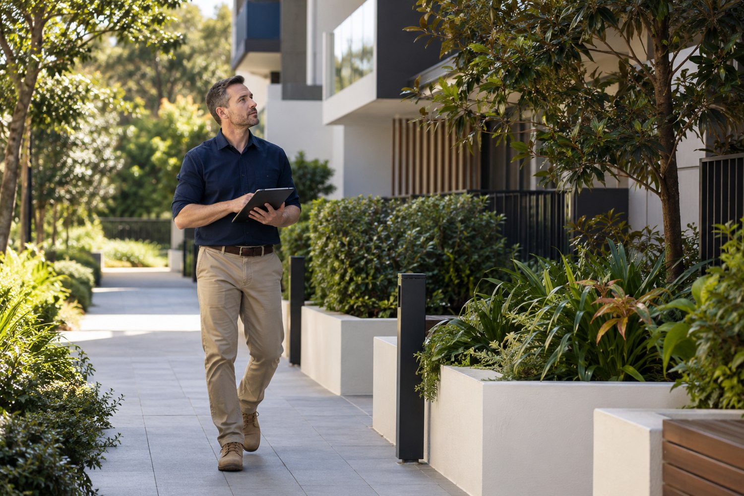 Caretaker inspecting a shared exterior pathway