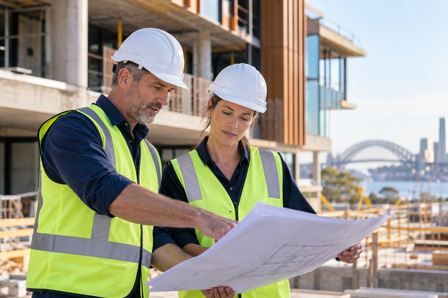 Contractors reviewing works at a building site