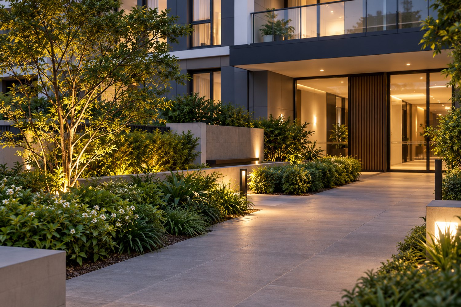 Maintained landscaped apartment entrance