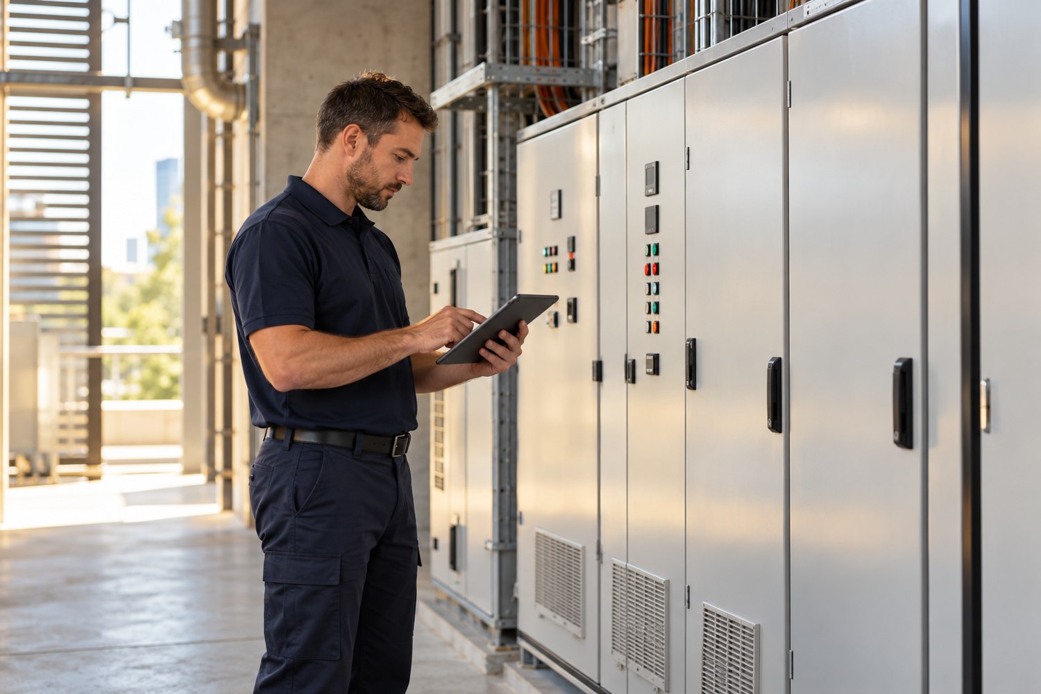 Technician reviewing building electrical systems